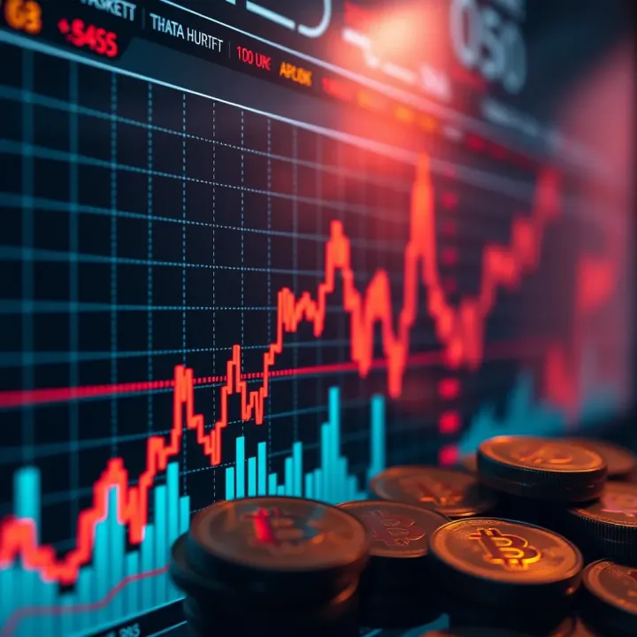 Graph showing cryptocurrency price trends and market data with digital currency icons