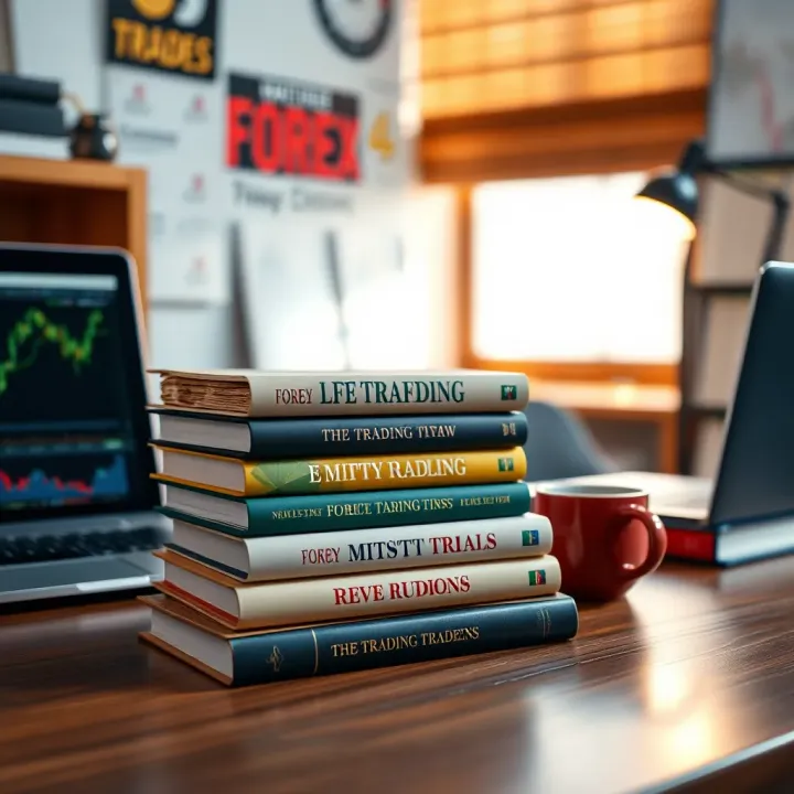 Essential Forex Trading Books for Nigerian Traders on Desk Stack of finance and trading books on a wooden desk with a laptop and cup