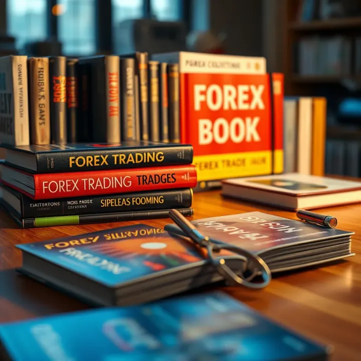 Collection of popular forex trading books arranged on a wooden surface