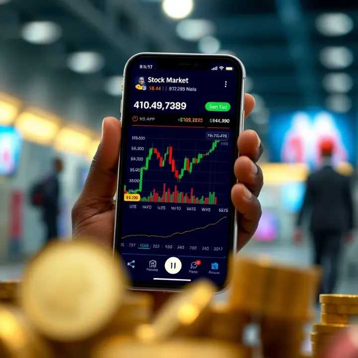 Mobile phone displaying stock charts and trading interface with Nigerian currency symbols