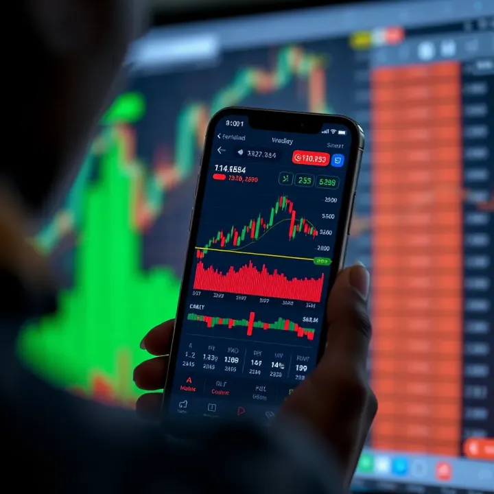 Mobile phone displaying a financial trading app with charts and market data