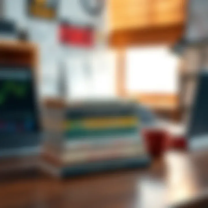 Stack of finance and trading books on a wooden desk with a laptop and cup