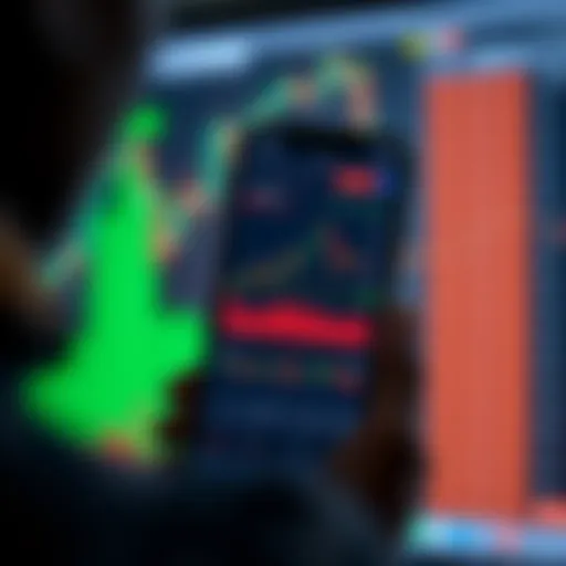 Mobile phone displaying a financial trading app with charts and market data