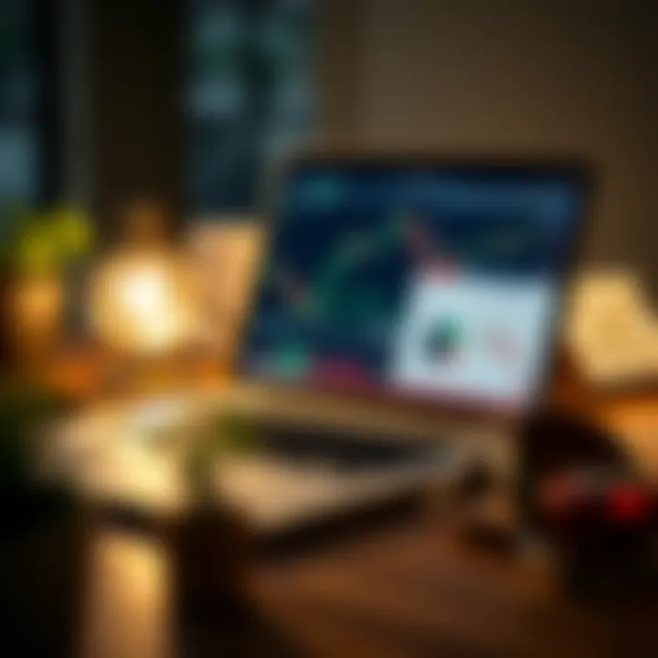 Financial workspace featuring a laptop with forex trading software and notes outlining a budget-conscious strategy