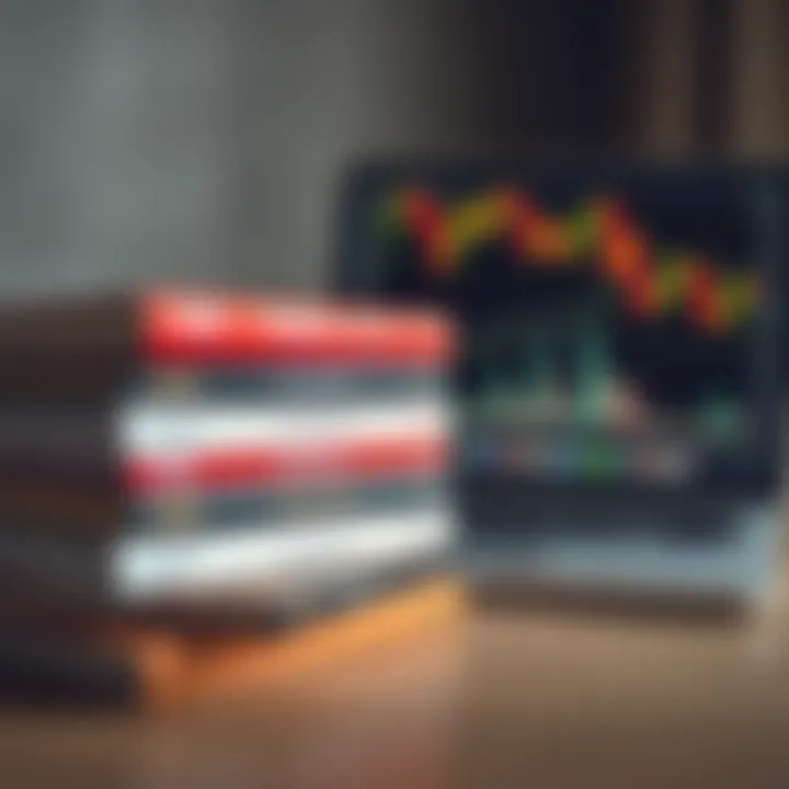 Stack of forex trading books with a laptop displaying currency exchange graphs