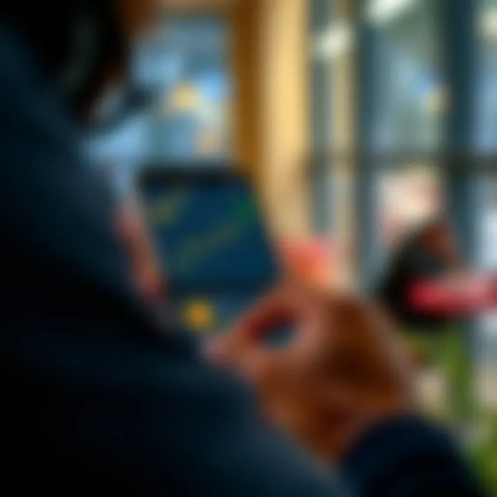 User exploring crypto trading app features on a smartphone in a modern setting