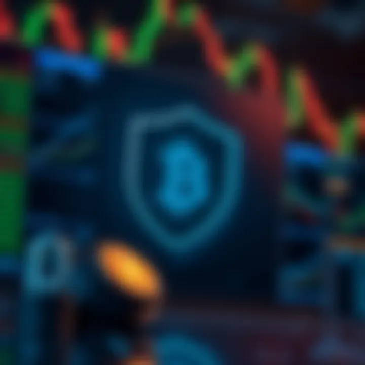 Illustration of secure digital trading environment with shield and cryptocurrency icons