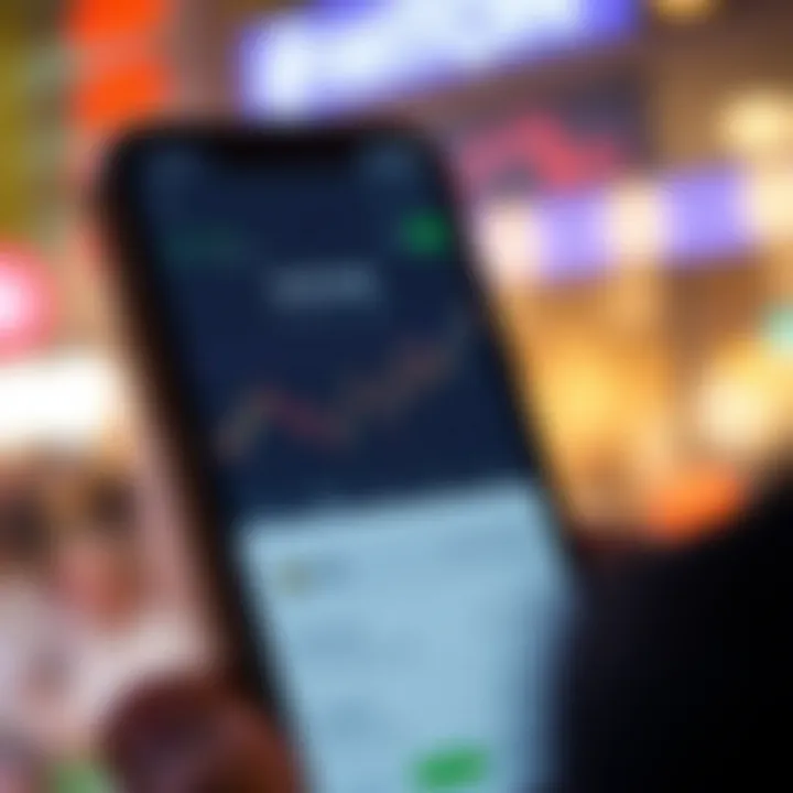 Mobile phone screen displaying a cryptocurrency trading application interface with charts and transaction options