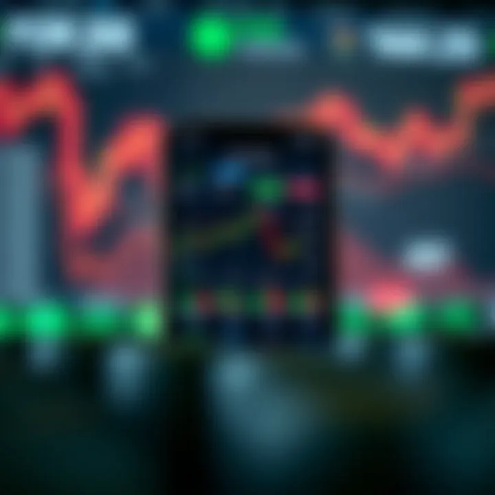 Mobile phone displaying forex trading charts and analytics on screen with currency symbols