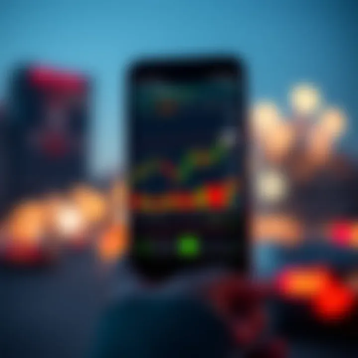 Mobile phone displaying forex trading app interface with currency charts and indicators