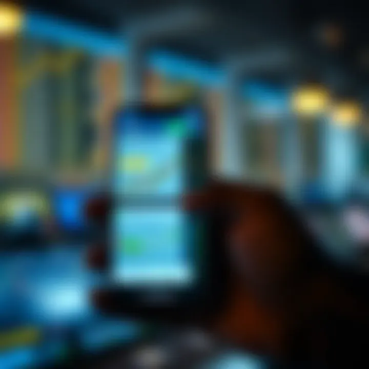 Smartphone displaying a forex trading app interface with charts and currency pairs