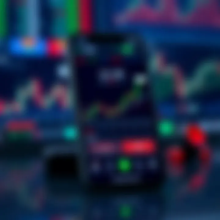 Mobile phone displaying forex trading charts and candlestick patterns on a sleek app interface