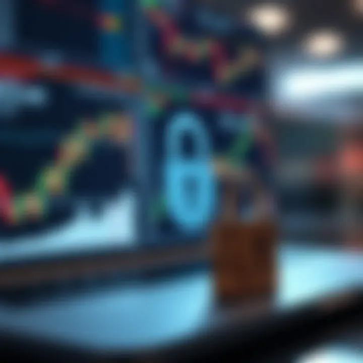 Visual representation of secure online transactions with padlock and financial graphs