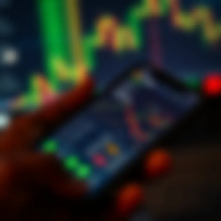 User interface showing a trading app dashboard with charts and market options on a smartphone screen