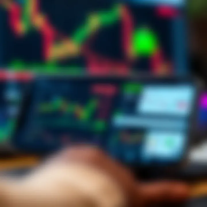 Mobile phone screen displaying popular trading app dashboards with stock charts and cryptocurrency values