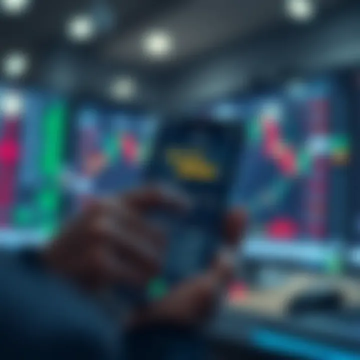 User navigating a mobile trading app interface displaying charts and stock options