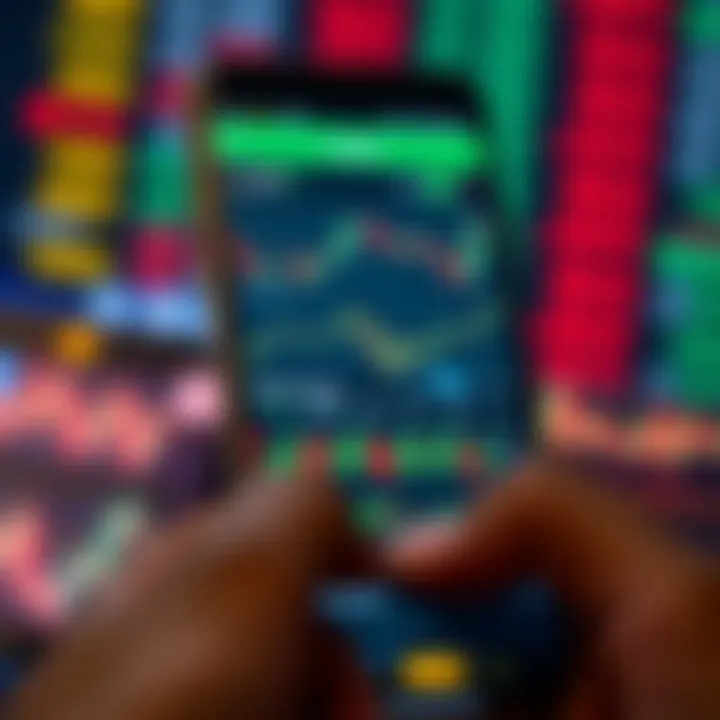 User Interface of a Leading Trading Application Mobile device displaying a dynamic stock market trading application interface with charts and market data