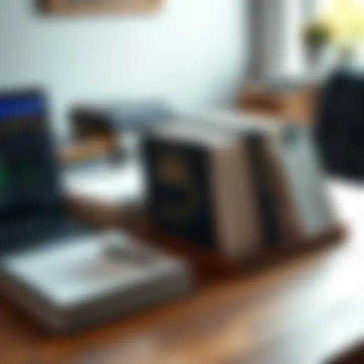 A collection of forex trading books arranged on a wooden desk with a laptop and a notebook