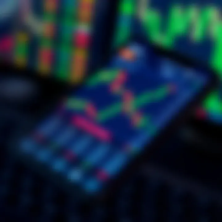 Smartphone screen showing forex trading app interface with charts and currency pairs