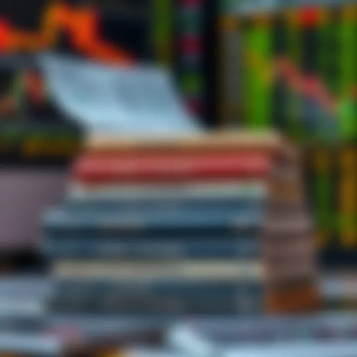 Stack of forex trading books with charts and currency symbols