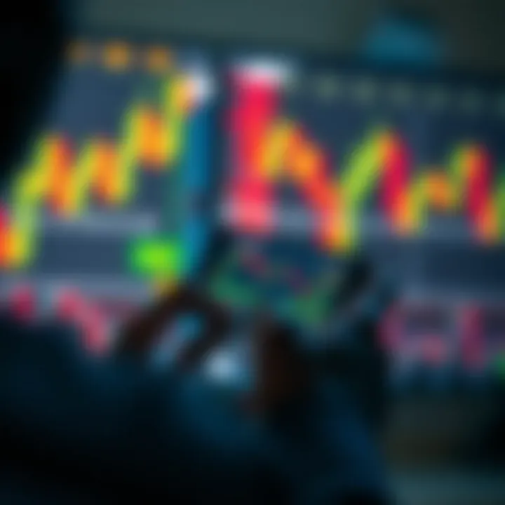 Person using smartphone to analyze forex market trends with colorful candlestick charts visible