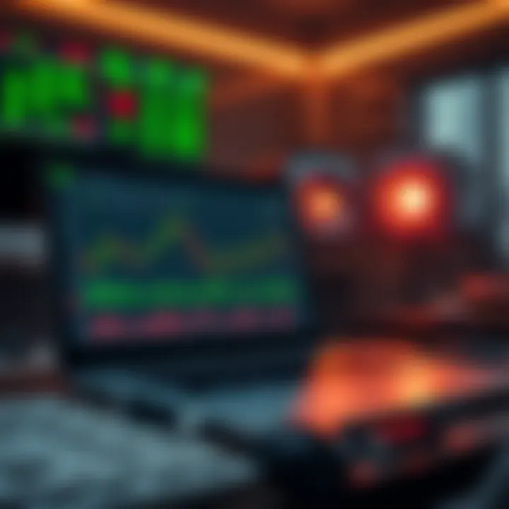 Illustration of forex market tools including laptop with trading platform and analytical graphs