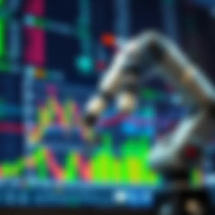 Digital interface displaying forex market data with a robotic arm analyzing charts