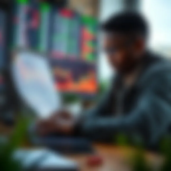 Close-up of a trader analyzing forex market trends on a laptop