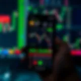Mobile phone screen displaying forex trading app interface with currency charts and live data