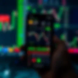 Mobile phone screen displaying forex trading app interface with currency charts and live data