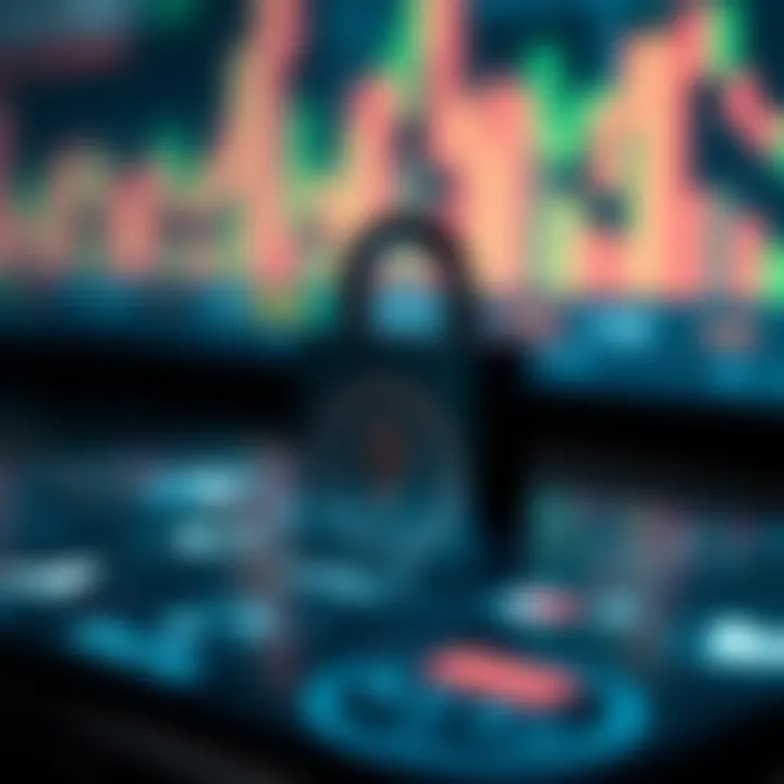 Secure digital padlock overlaid on a mobile device with forex trading icons