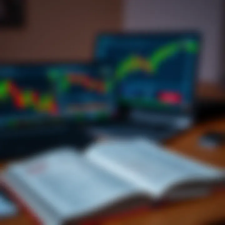 Desk setup with open forex book, notebook, and laptop showing trading data