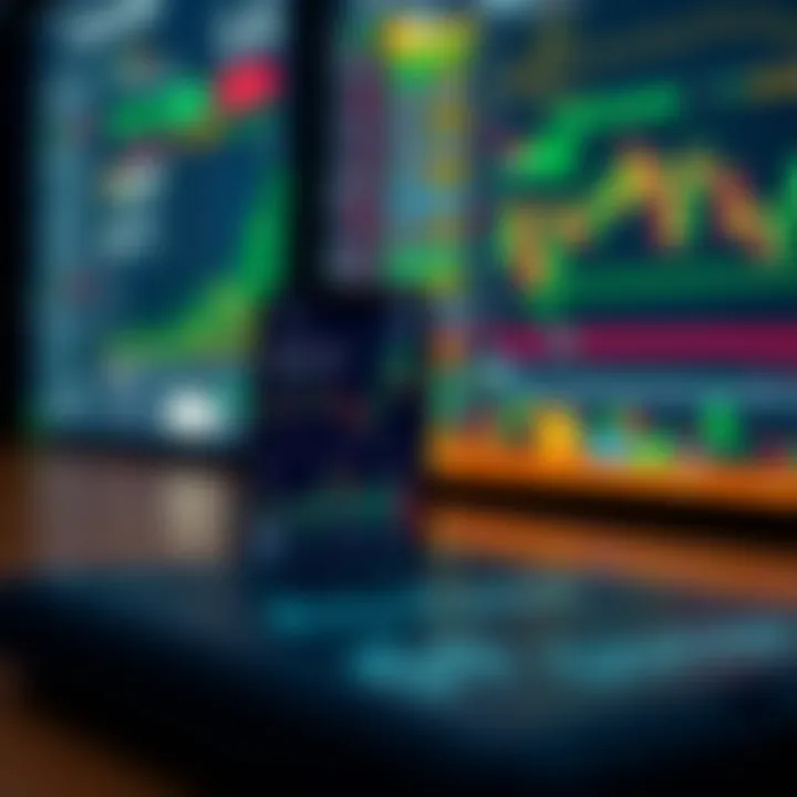 Mobile device displaying cryptocurrency trading application with charts and digital currency icons