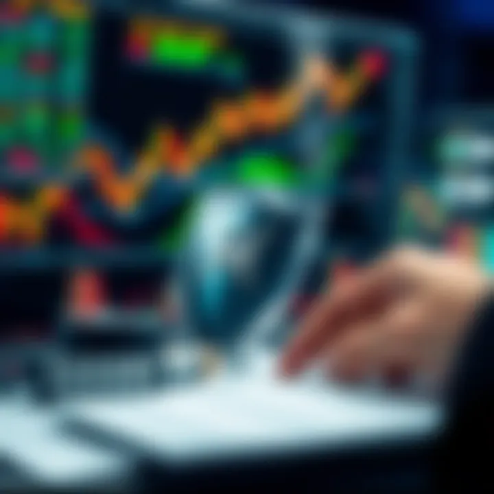 Conceptual illustration of risk management strategies including charts, protective shields, and trading tools