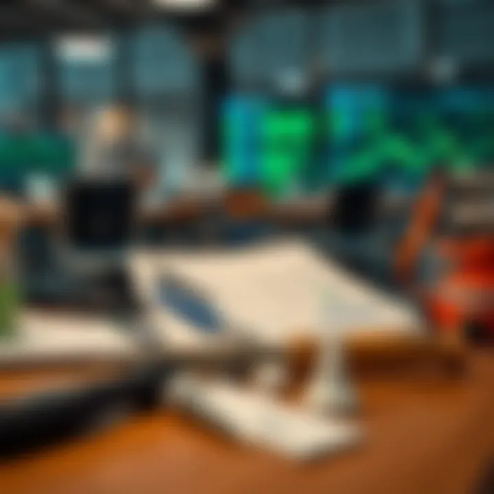 Illustration of a business environment with tools and documents for tracking and controlling risks