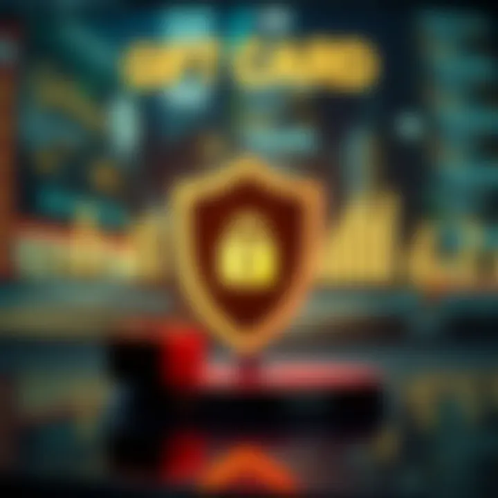 Secure digital transaction concept with shield symbol and gift card icons