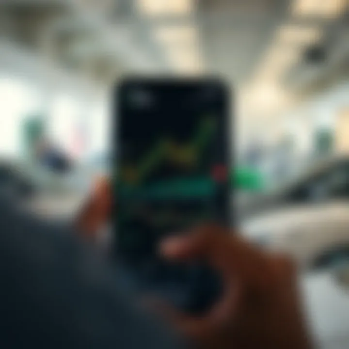 Mobile device displaying a forex trading app interface with charts and currency pairs