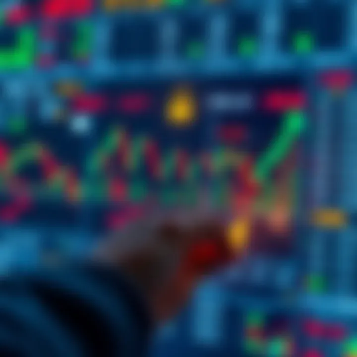Conceptual diagram illustrating binary options trading with financial charts and currency symbols