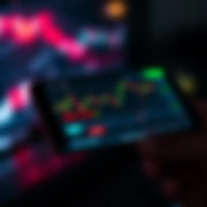 Illustration of a mobile device displaying crypto trading alerts and market analysis charts