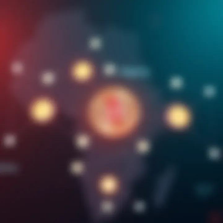 Illustration of digital cryptocurrency symbols connected by blockchain nodes over Nigerian map background