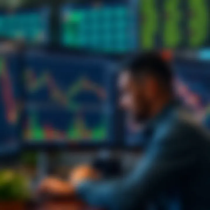 Illustration of a trader analyzing financial data on a computer screen with currency symbols in the background