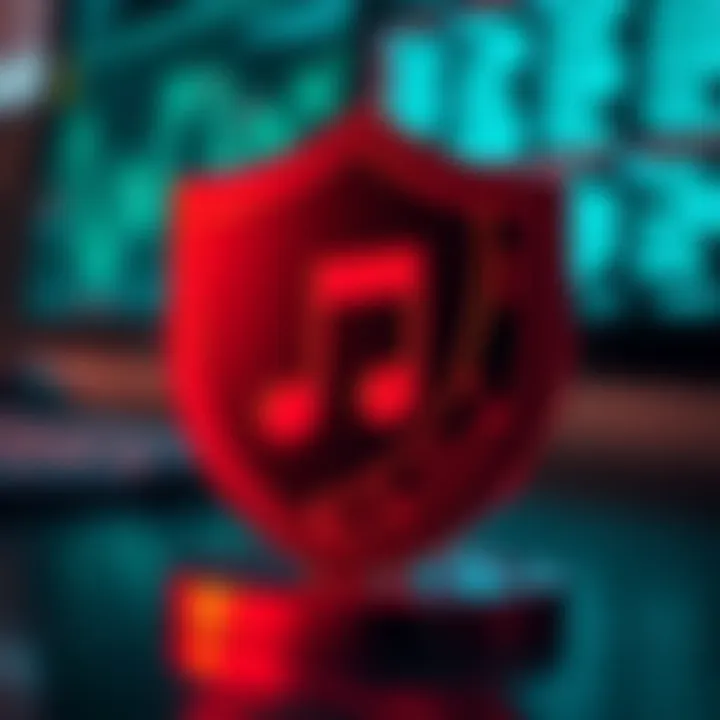 Icon representing secure digital music download with a shield and music notes