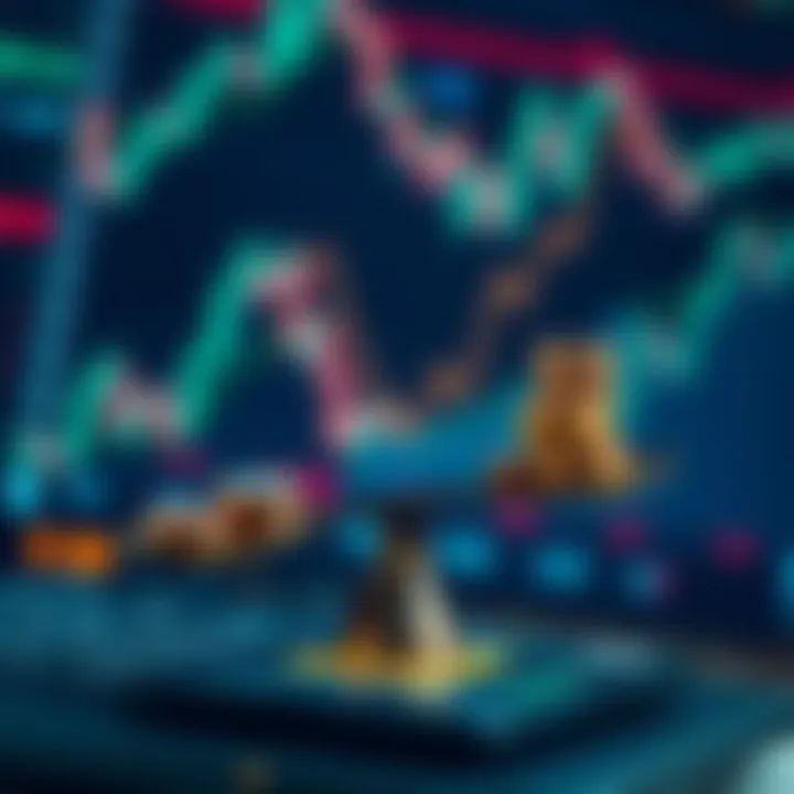Illustration of a digital scale balancing coins and a rising graph symbolizing leverage in cryptocurrency trading