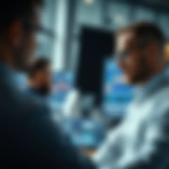 Business team analyzing risk assessment charts on digital screens