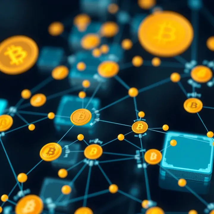Illustration of diverse cryptocurrency icons connected with digital network lines symbolizing trading strategies