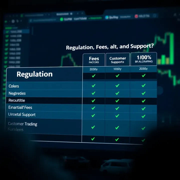 Graphic showing comparison of key factors like regulation, fees, and customer support for brokers