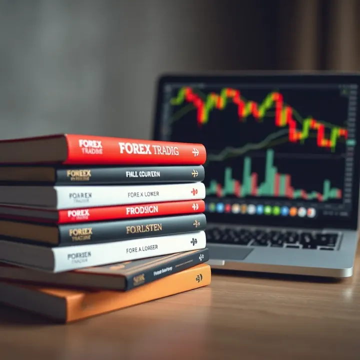 Collection of Forex Trading Books Beside Laptop Showing Currency Graphs Stack of forex trading books with a laptop displaying currency exchange graphs