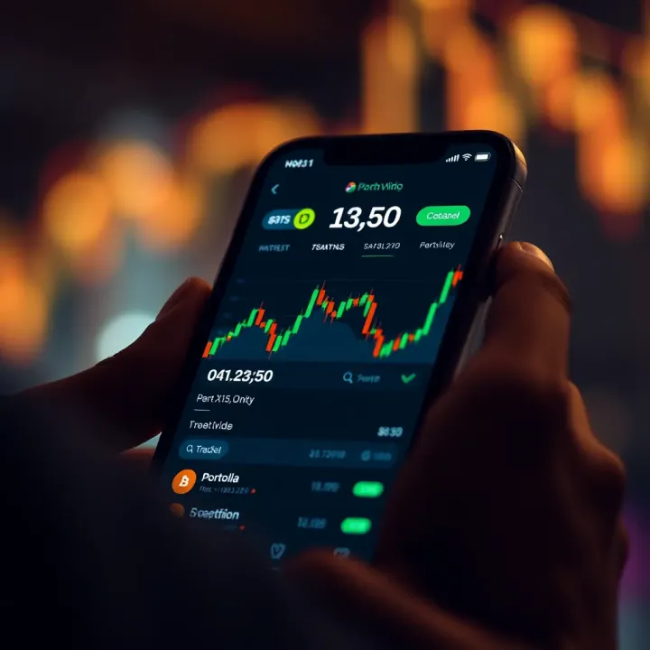 Mobile device displaying a cryptocurrency trading app interface with charts and portfolio summary