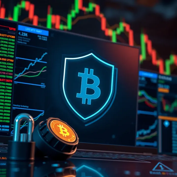 Illustration of secure digital trading environment with shield and cryptocurrency icons