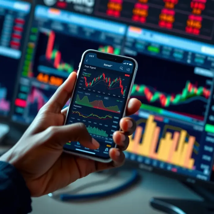 A smartphone displaying various forex trading signals and charts relevant for the Nigerian market